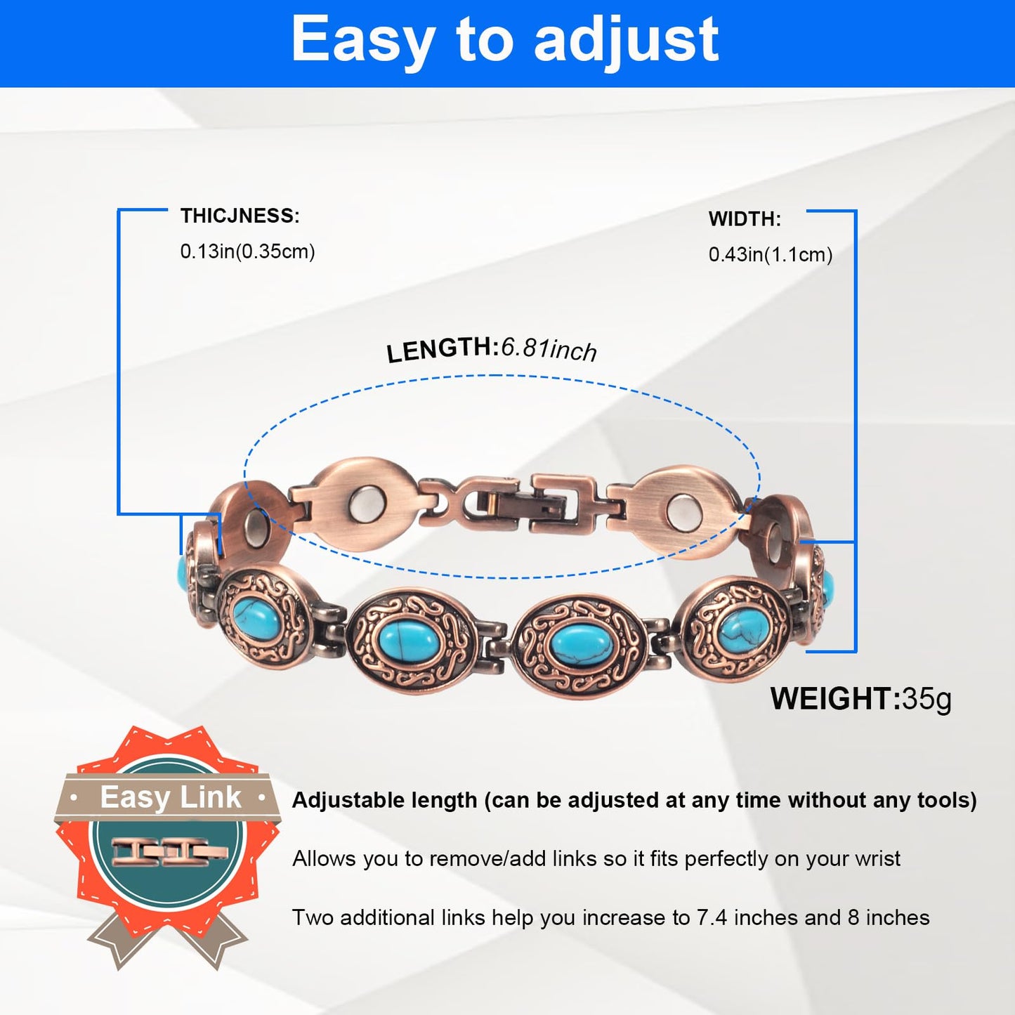 EnerMagiX Copper Bracelets for Women for Arthritis, Pure Copper Set with Turquoise Adjustable Magnetic Bracelet, Mother's Day Presents(0174 2Pcs)