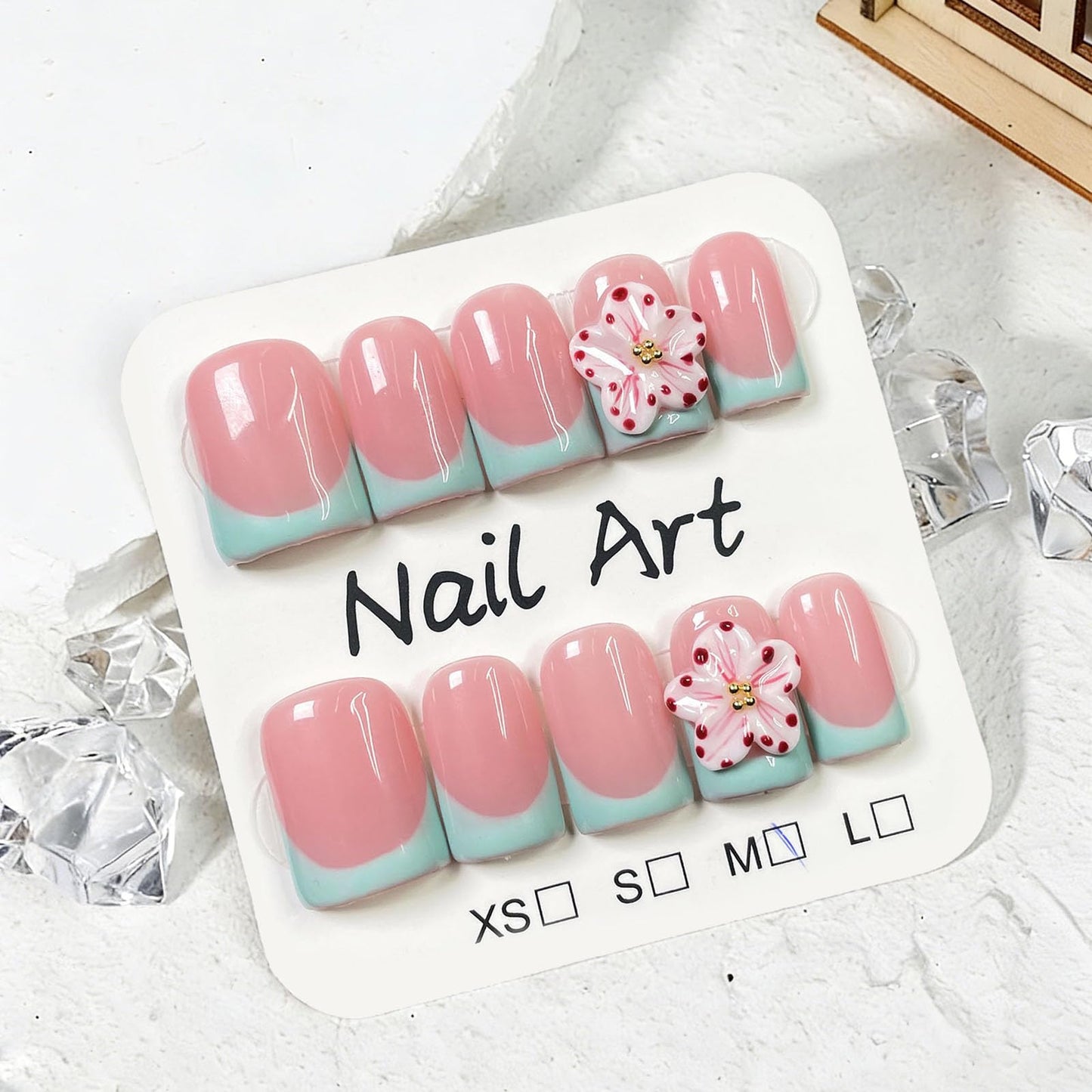 10 Pcs Handmade Press on Nails Short Square Fake Nails with 3D Flower Light Green French Tip Design Acrylic False Nails Pink M Size Press Ons Nails Square for Women Nail Art