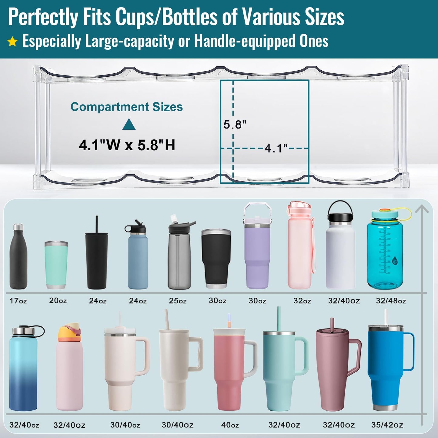 Design for Stanley 40 OZ & Large Bottles & Tumblers with Handle - Acrylic Water Bottle Organizer - Stackable Clear Wine Rack Cup Holder for Home Kitchen Pantry Shelf Countertop Cabinet, 4 Tier Hold 16