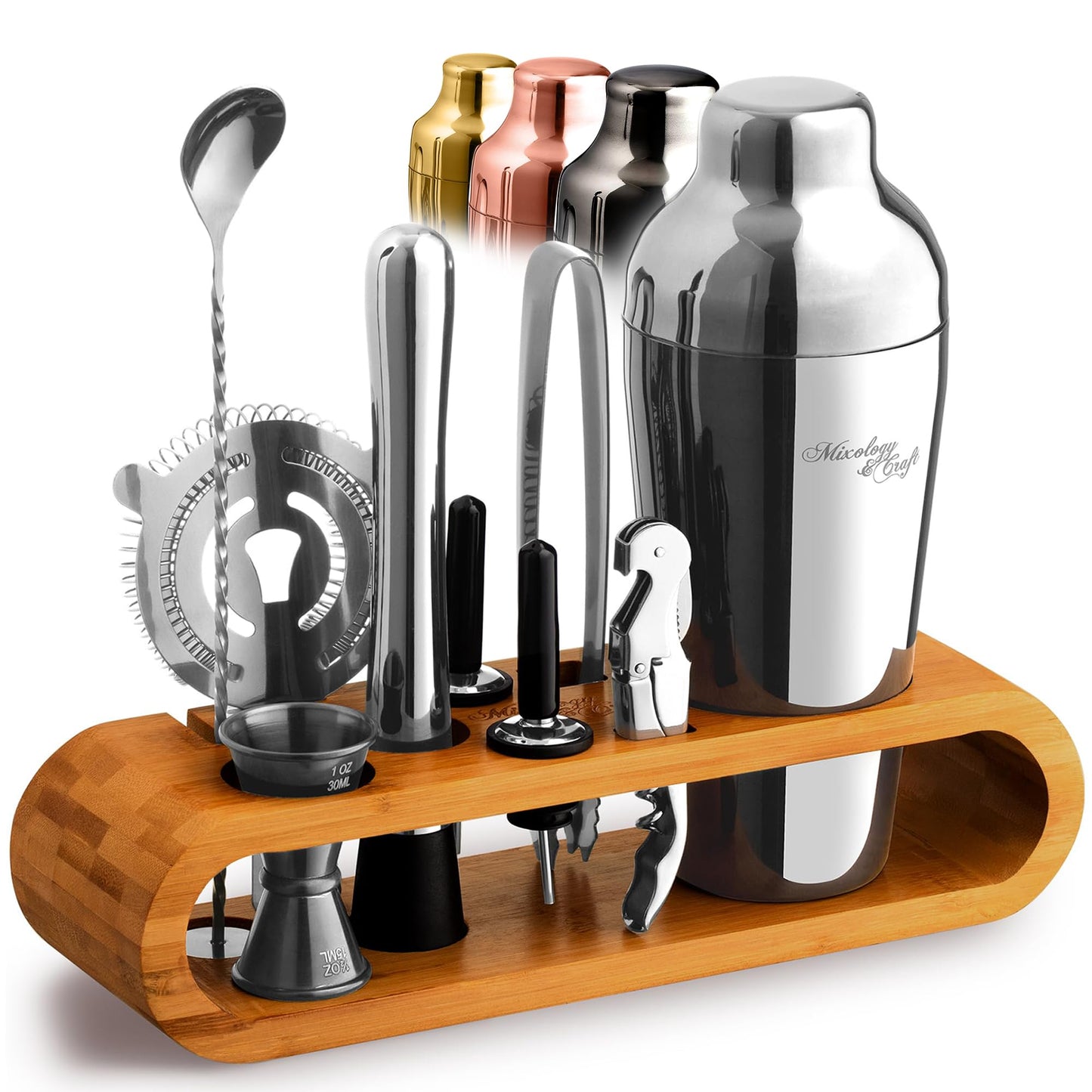 Mixology & Craft Cocktail Shaker Set with Bamboo Stand - Professional 10-Piece Bartender Kit - Complete Bar Set & Cocktail Mixer Kit for Home (Silver)