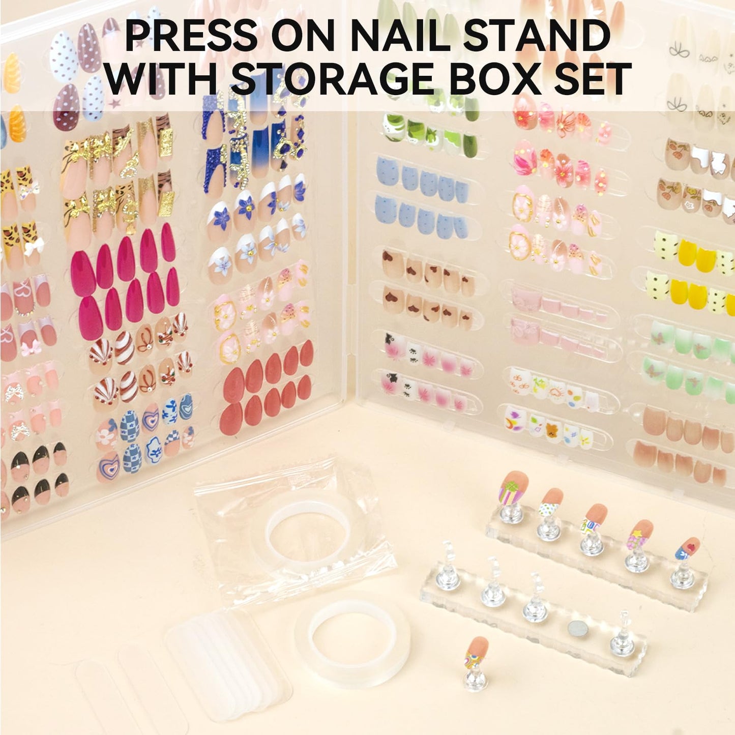 ESUOHYM Nails Storage Box with Stand for Fake Nail,Large Empty Nail Box Case Use for Press On Display & Storage,Nail holder for Painting Practice,Acrylic Nail Display Stand for Design Home