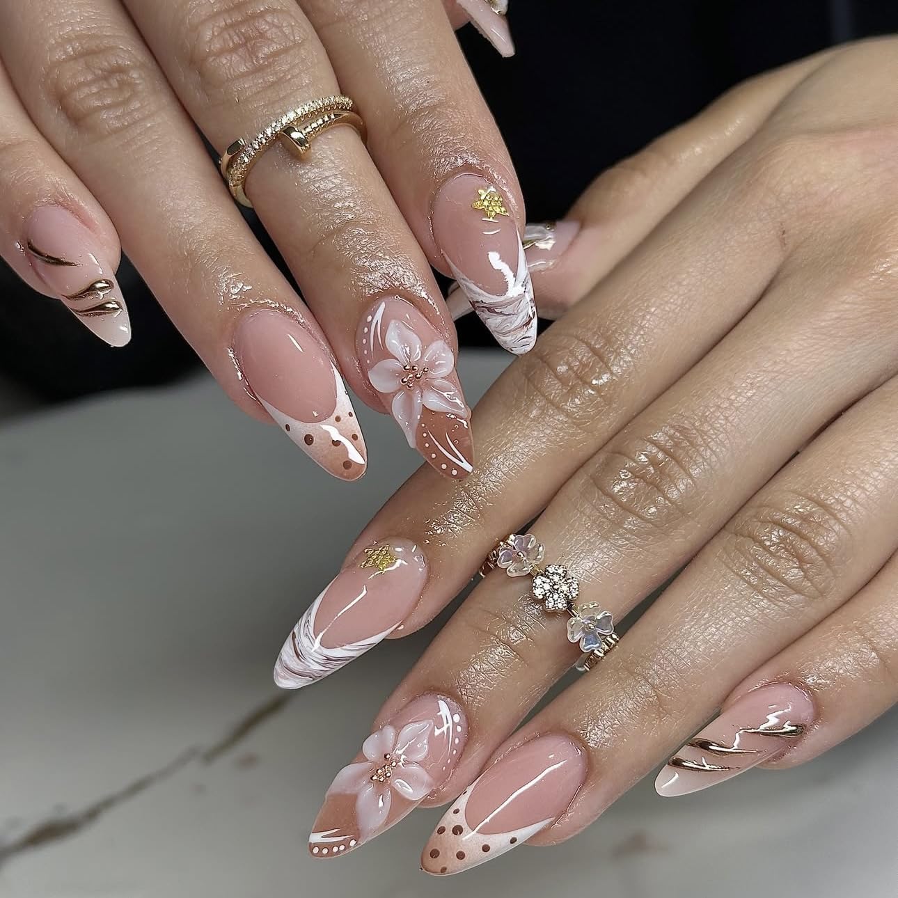 plalely Long Press on Nails Almond, Acrylic Press on Nails with Flower Designs, Long Almond Nail Tips for Women 24pcs