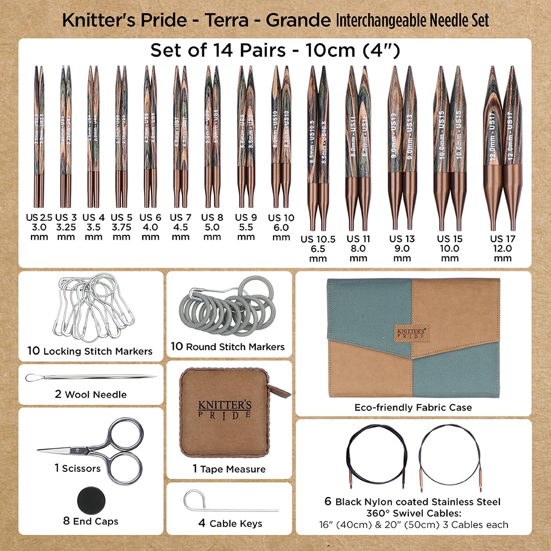 Knitter’s Pride Terra Grande Interchangeable Needle Set 4""(10cm) – 14 US Sizes (2.5 to 17)