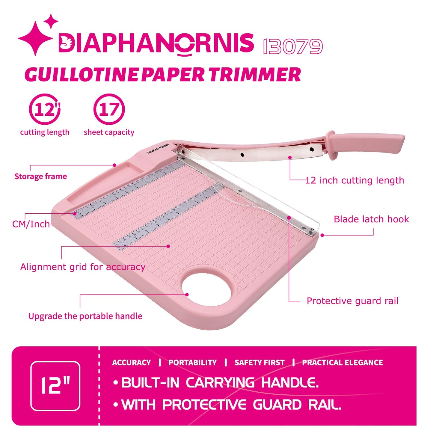 12" Paper Cutter, Precision Cut with Safety Protection and Blade Lock, 12 Sheet Capacity, Great for Cardstock, Cardboard, Photo, Vinyl, Crafts, Scrapbook (Pink)