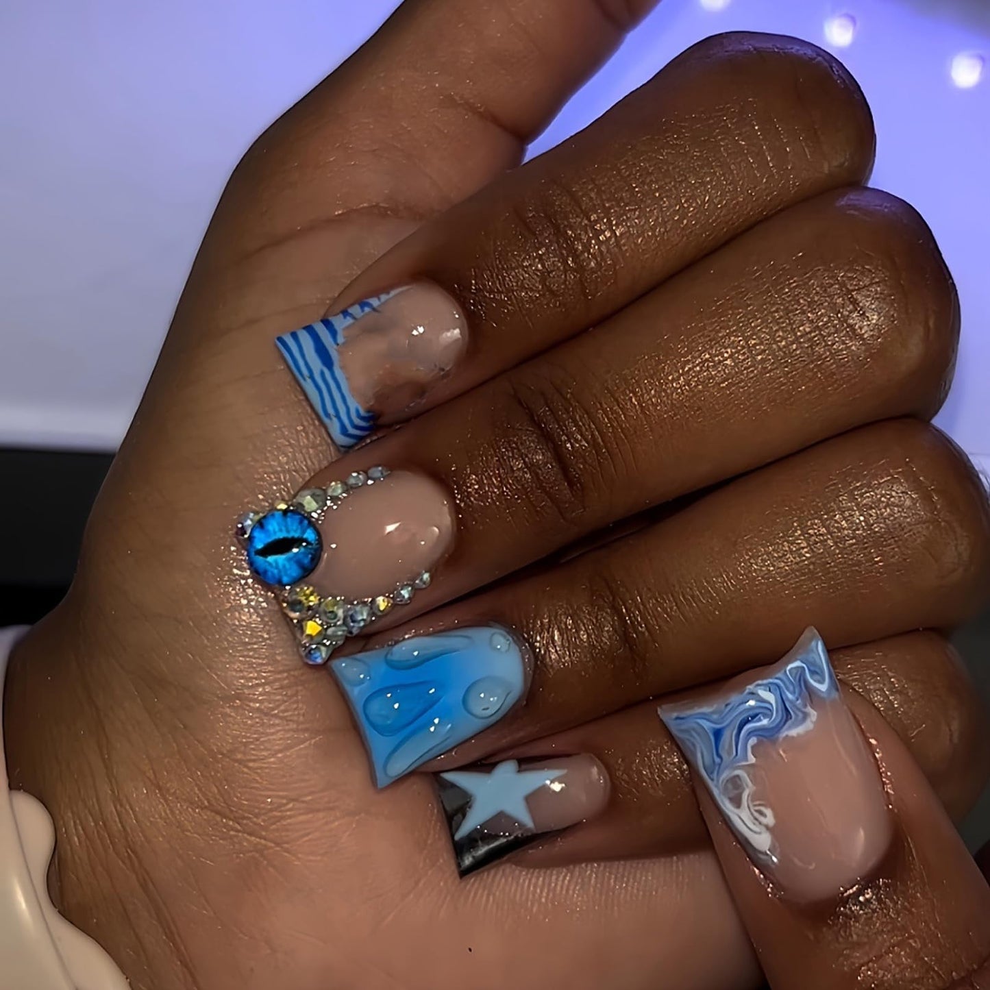 IMRAIN Press on Nails Medium Duck Fake Nails Blue French Tip False Nails with Rhinestone Design Stick on Nails for Women