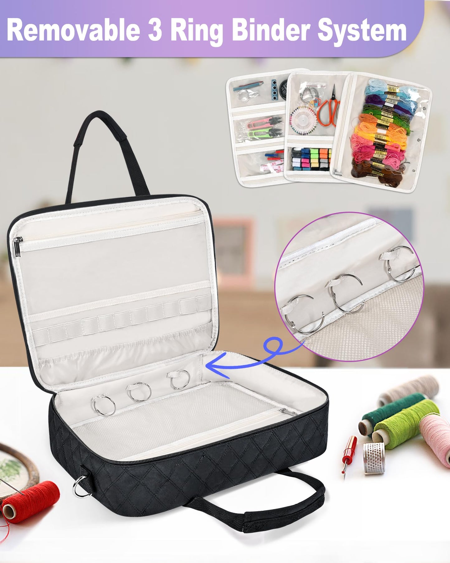 Telawsfun Sewing Supply Storage Bag with Removable Binder, Large Capacity Sewing Organizer Tote With Multi Pocket for Threads, Needles, Scissors, Craft Supplies (Black)