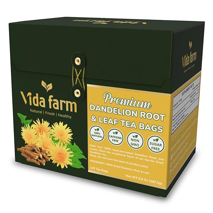 VIDA FARM 125 Dandelion Tea Bags - 100% Natural Dandelion Leaf & Root, Sugar Free, Caffeine Free, Non-GMO - Premium Dandelion Root Herbal Tea, Smooth Taste