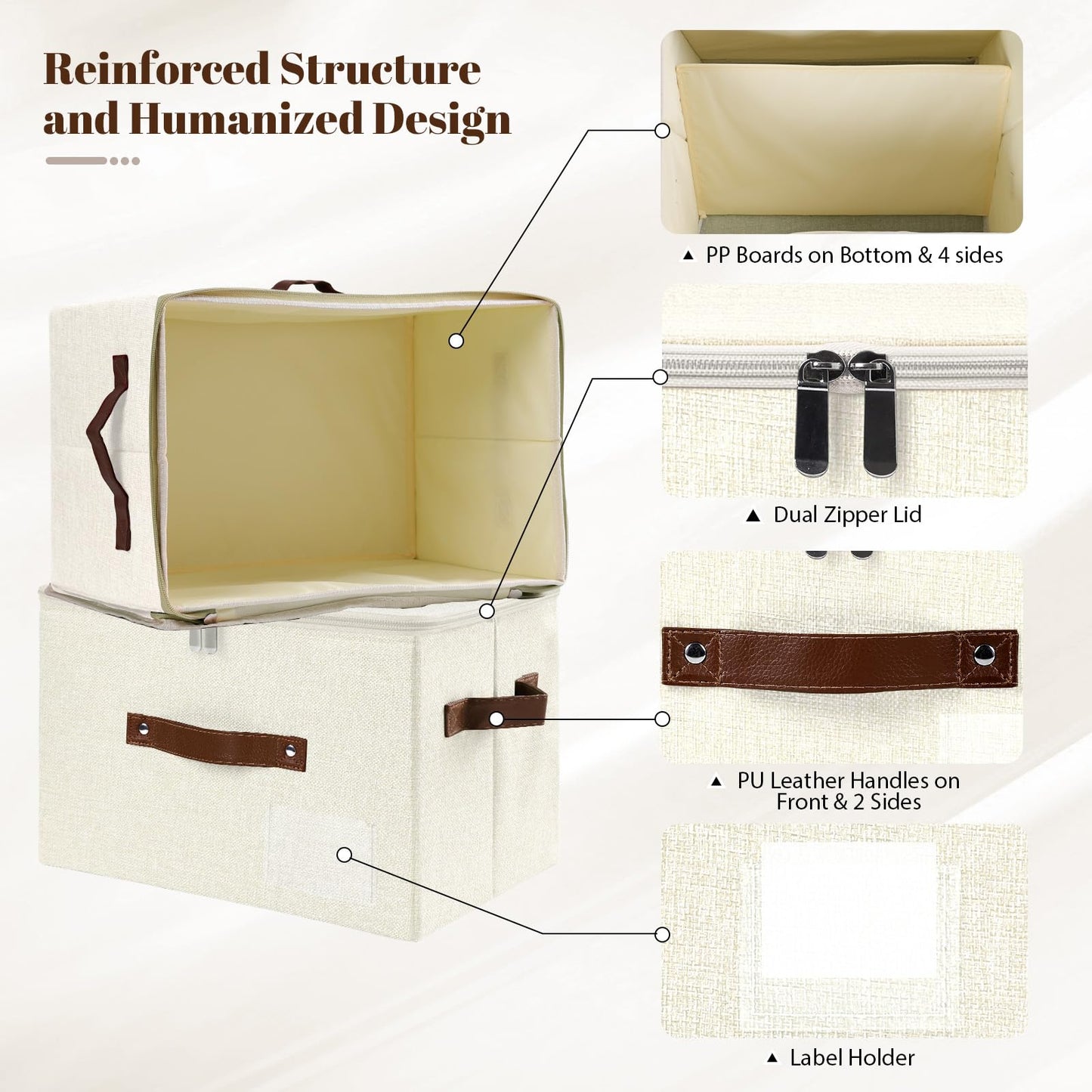 ANMINY Storage Bins with Zipper Lid Storage Boxes with Label Holder PU Leather Handles Washable Foldable Decorative Lidded Cotton Linen Fabric Cubes Baskets Closet Organizer - Beige, Large