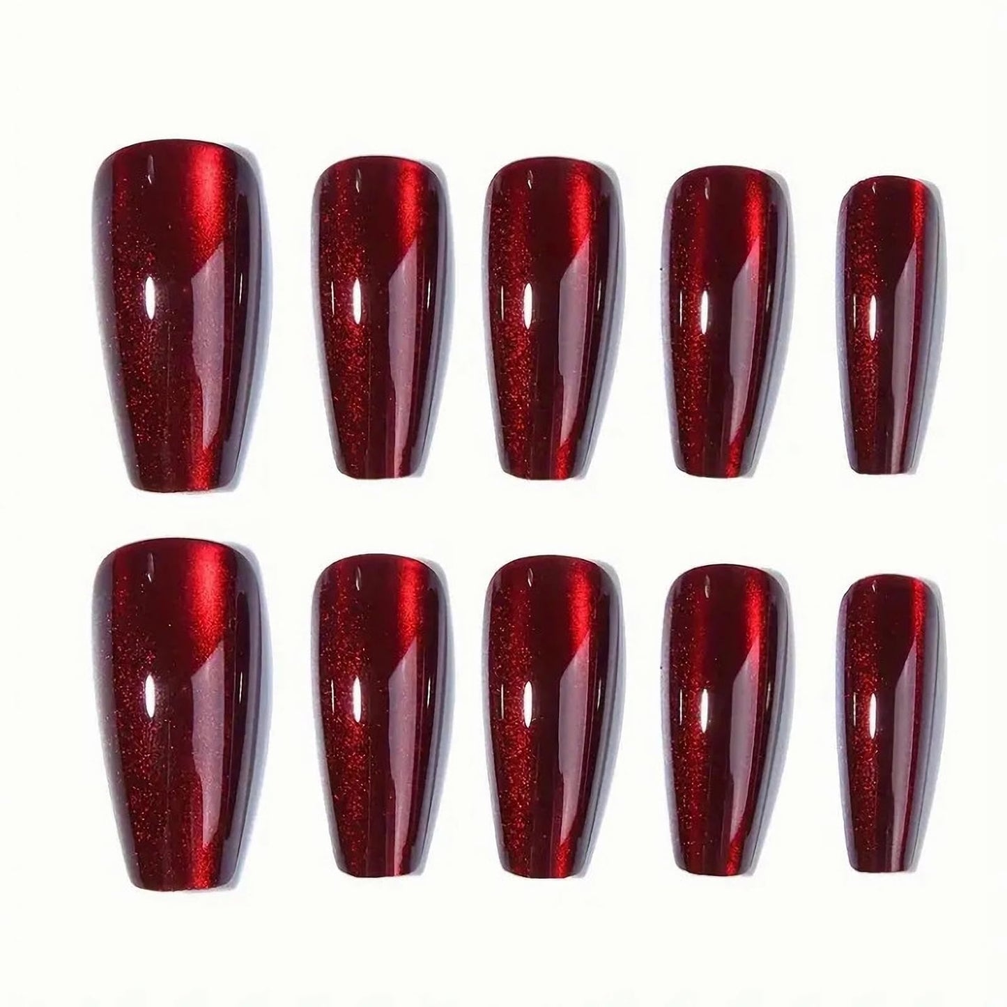 MISUD Press on Nails - Long Coffin Fake Nails with Red Cat Eye, Acrylic Bling Glitter Design 30 pcs