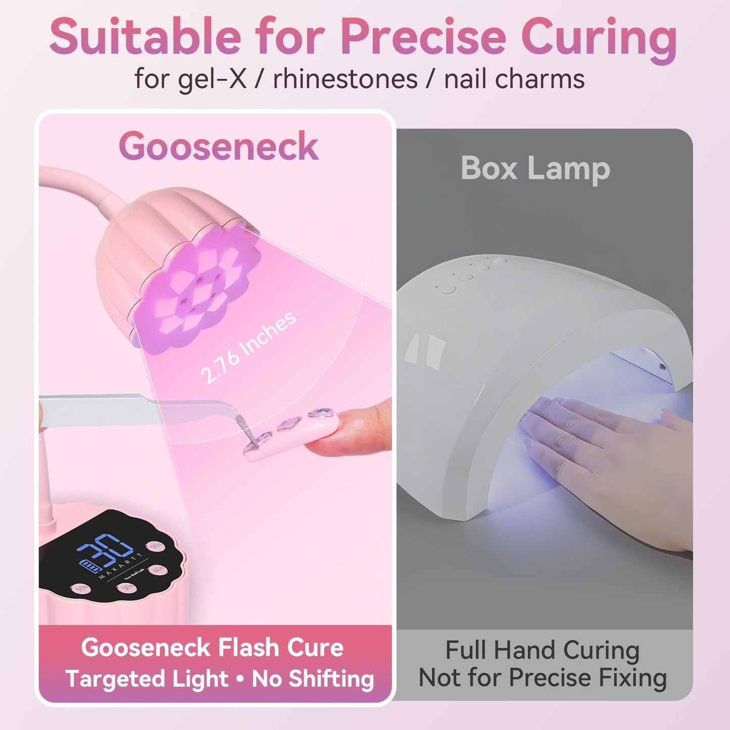 Makartt UV LED Nail Lamp - Gooseneck 58mW/cm² Flash Cure Lamp Rechargeable UV Light for Gel Nails with 4 Times & Auto Sensor USB Cordless Fast Curing Nail Art Design for Salon Home DIY (Pink)