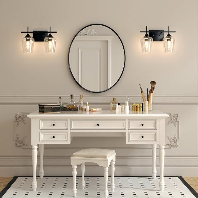 VONLUCE Bathroom Vanity Light, 2 Light Bathroom Light Fixture Over Mirror, Bathroom Wall Lamp with Clear Glass, Modern Black Vanity Lighting fixtures for Bathroom, Bedroom, Hallway