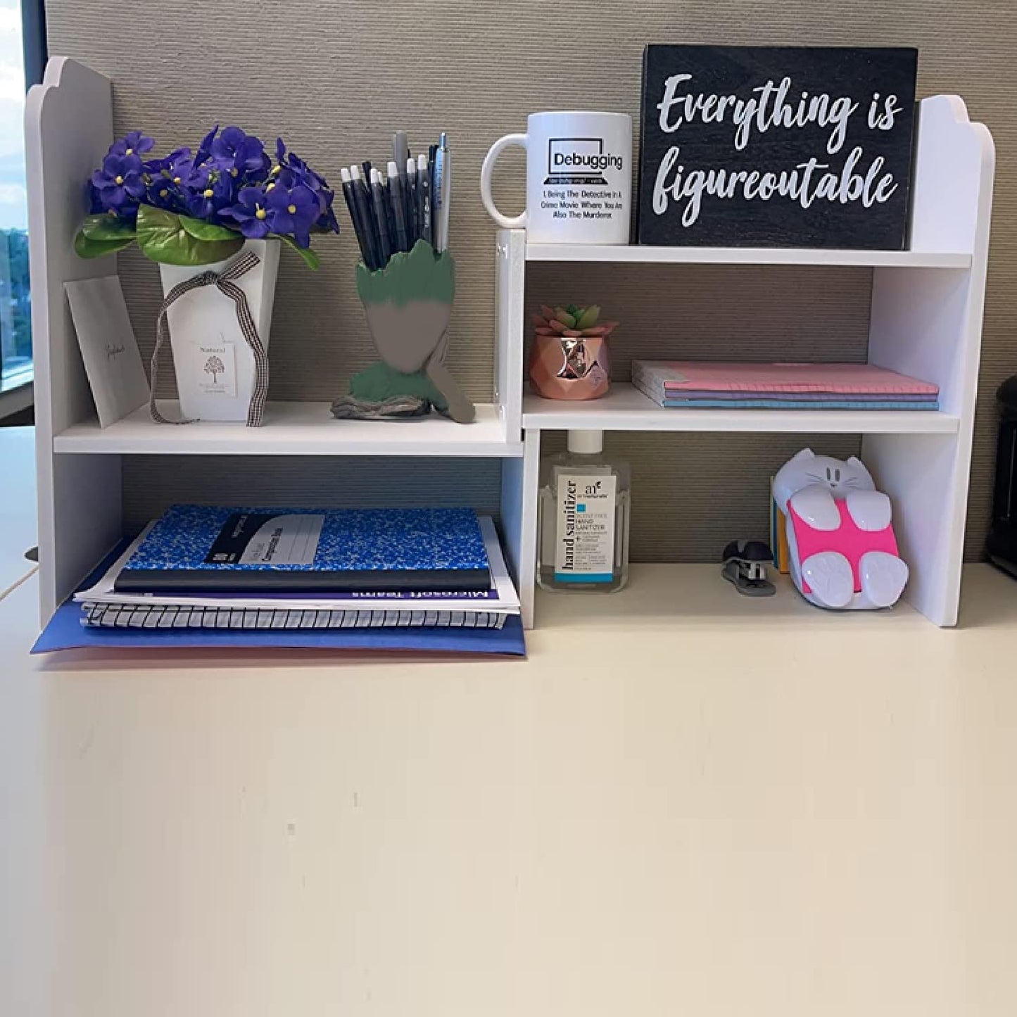 YGYQZ Adjustable PVC Desktop Organizer Storage Rack - White Desk Shelf for Office, Women, Dormitory & Home Decor