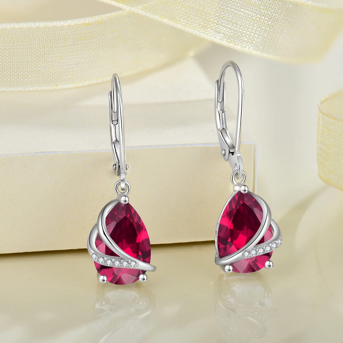Rocayi Teardrop Ruby Earrings 925 Sterling Silver Dangle Drop Earrings July Birthstone Jewelry for Women