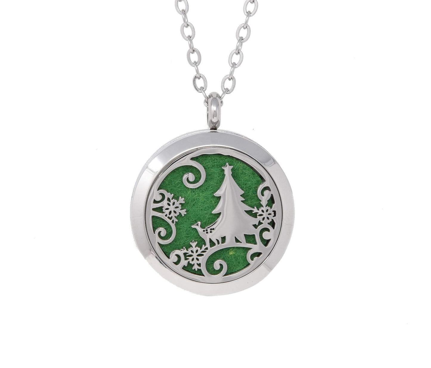 Aromatherapy Essential Oil Diffuser Stainless Steel 30 MM Silver Magnetic Locket Pendant 2 Sizes Chain Necklace, Refill Pads & Diffuser Bracelet in a Velvet Bag (Christmas Tree Deer)
