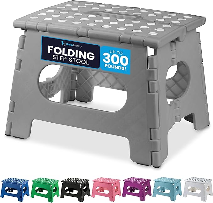 Handy Laundry Folding Lightweight Step Stool - Sturdy Enough to Support Adults and Safe Enough for Kids - Opens Easy with One Flip - Great for Kitchen, Bathroom or Bedroom (Grey - 9 Inch)