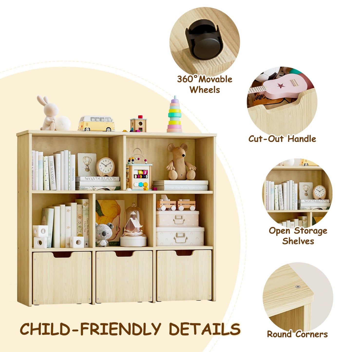 EXPERLAM Toy Storage Organizer, Toy Organizer with 3 Movable Drawers and 5 Storage Cubes, Toy Storage Chest with Hidden Wheels, Kids Bookshelf for Playroom, Burlywood