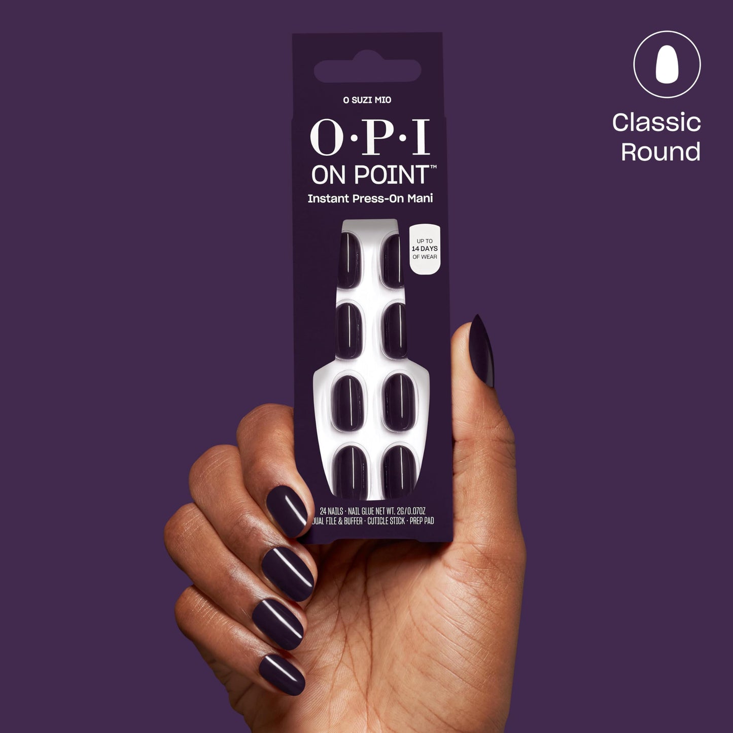 OPI On Point O Suzi Mio | Short Round Dark Purple Press On Nails | 24 Count with Nail Glue | Long Lasting, Reusable, Non-damaging | Fall 2025 Shades