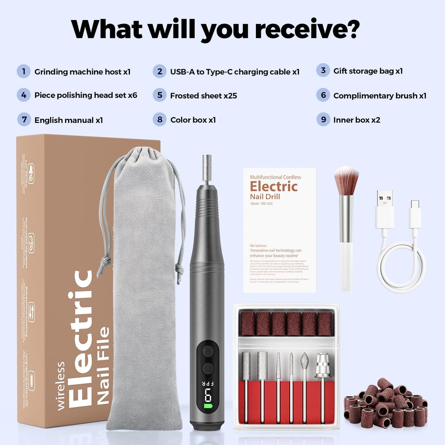 Electric Nail Drill Kit, Electric Nail File Cordless Nail Drill Machine for Acrylic Gel Dip Powder Nails, Professional Portable Manicure Pedicure Rechargeable Lightweight for Home Salon Use