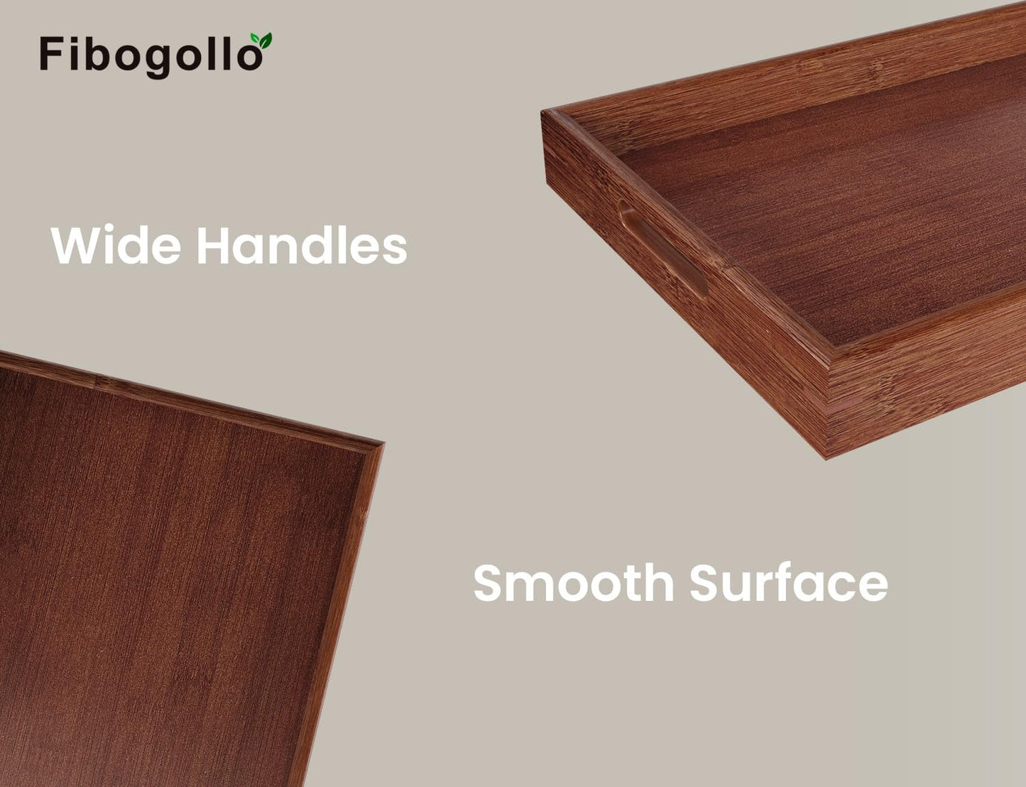 Fibogollo Bamboo Set of 2 Serving Tray with Handles,Decorative Trays Platter,Breakfast Tray in Bed,Food Drinks Tray for Eating,Working,Storing(Brown)
