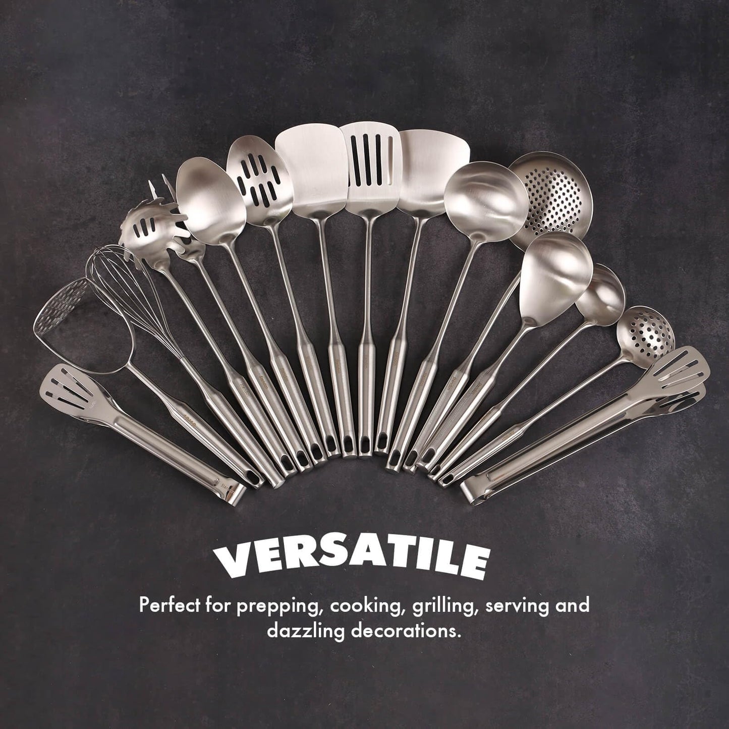 18/10 Stainless Steel Cooking Utensils Set - 16 PCS All Metal Small & Large Kitchen Spoons, Serving Utensils - Whisk, Masher, Fork, Tongs, Solid/Slotted Spoon, Spatula, Turner, Ladle, Skimmer, Pasta