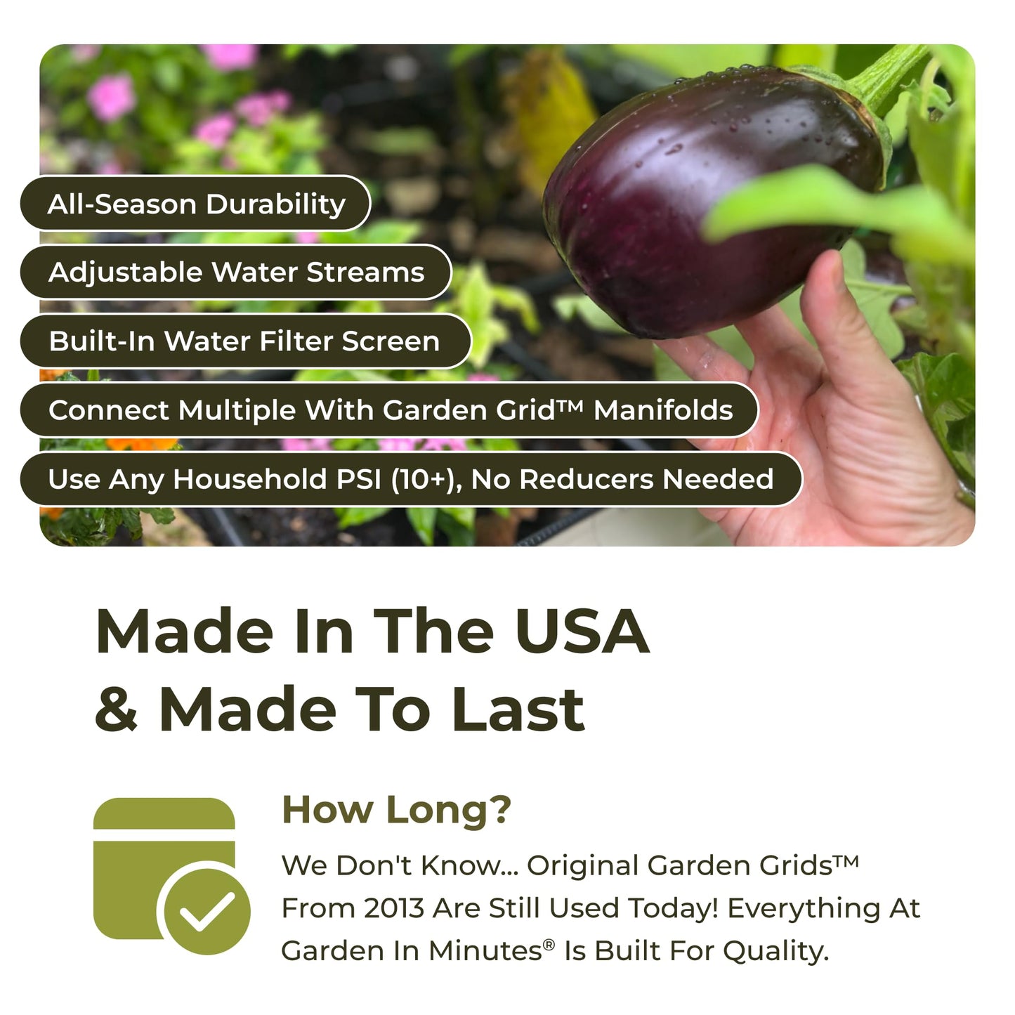 Garden Grid Watering System, 2x8 Cornerless | Garden Irrigation System for Garden Beds | Pre-Assembled, Waters Every Plant, USA-Made | Ideal for Beds w/Corner Posts or Curved Ends | 22.5"x88"