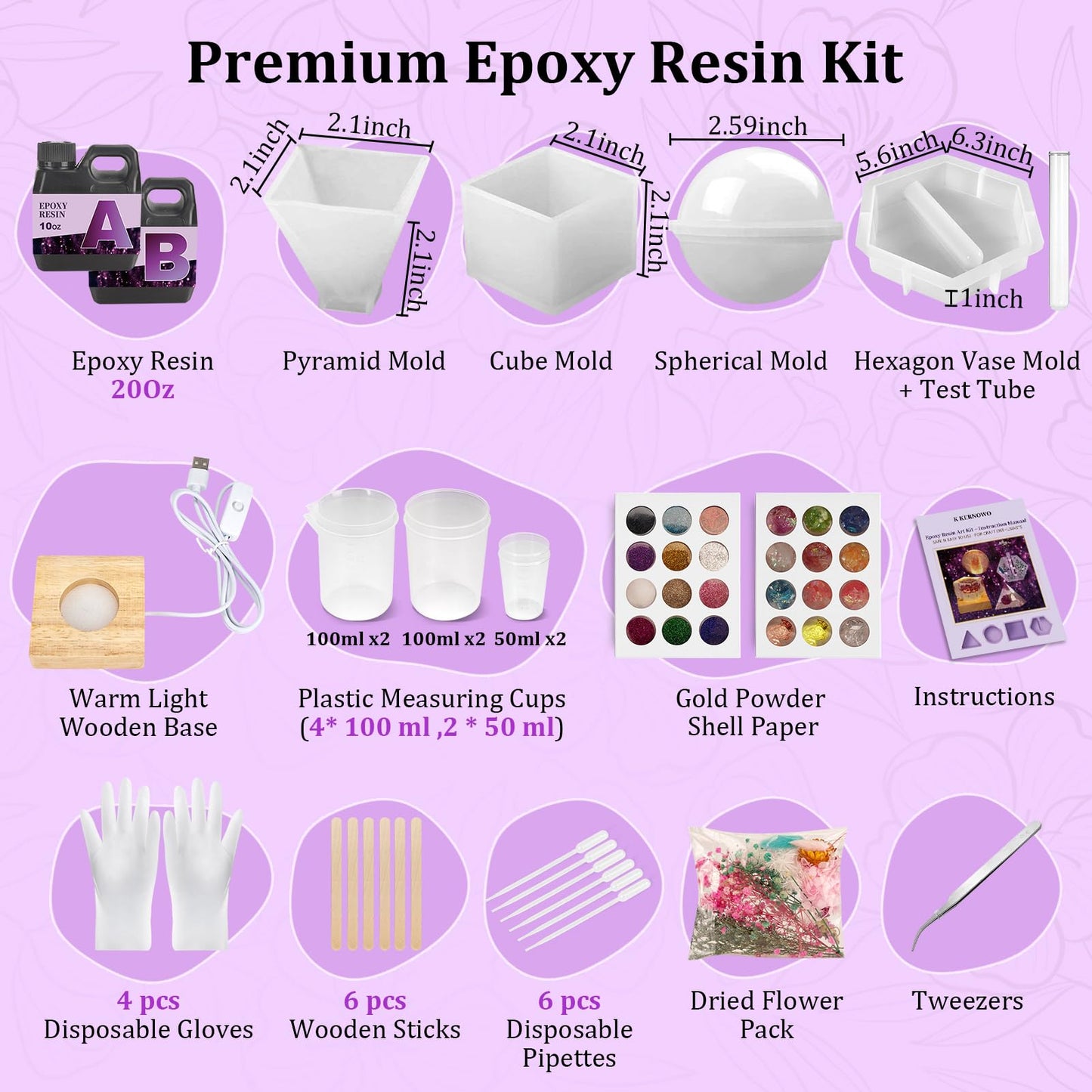 K KERNOWO Epoxy Resin Kit with Light for Beginners, Resin Kit and Molds Complete Set DIY Crafts for Adults Women, Epoxy Set with Vase Mold, 3D Dried Flowers, Measuring Cups and Resins Supplies-20OZ