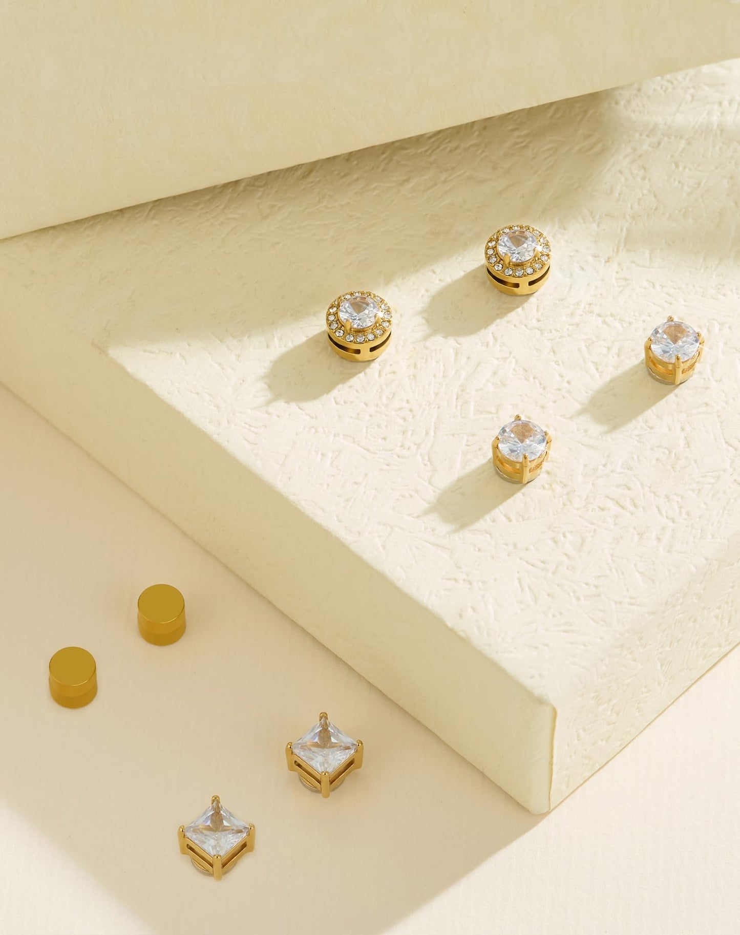 SIISPRI Magnetic Stud Earrings for Women Men, Non-piercing CZ Halo Studs, Hypoallergenic 18K Gold Plated Surgical Steel Clip on Stud Earrings Set for Sensitive Ears (Gold Tone-Set)