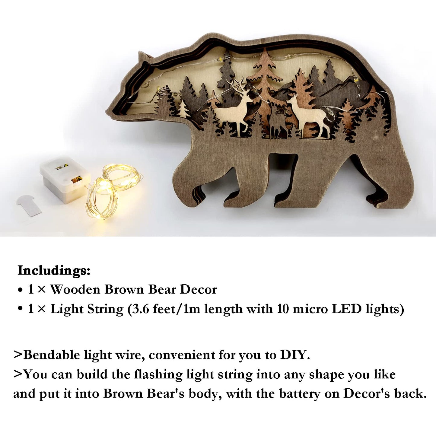 Zagxuade Wooden Brown Bear Decor with Light, Forest Animals Table Decor, Wooden Knick Knacks Decorations for Home