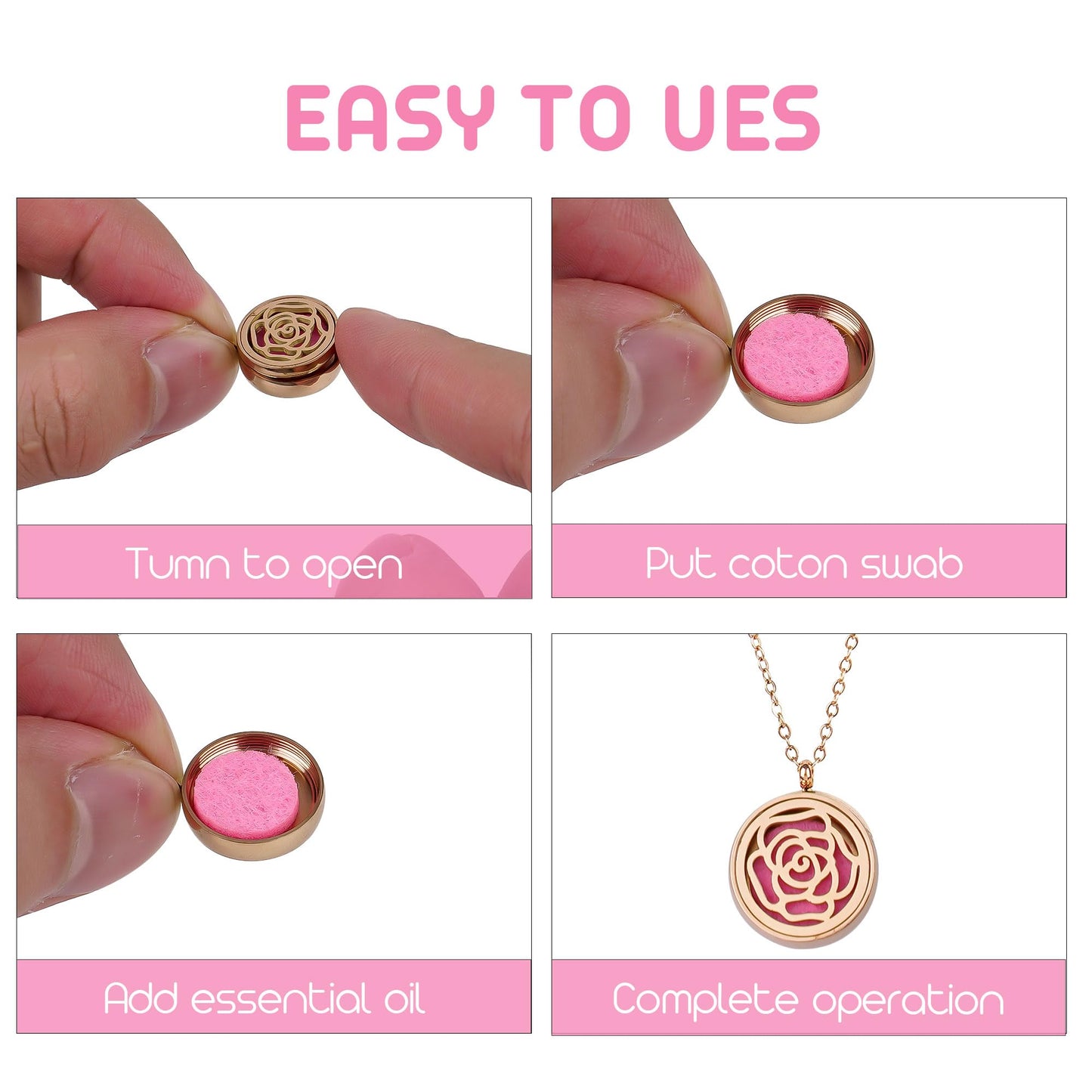 Biiange Aromatherapy Diffuser Necklace for Women, Stainless Steel Essential Oil Locket Pendant with 8 Refill Pads & 20" Adjustable Chain, Scent Diffuser Jewelry Gift (1, Rose Flower)