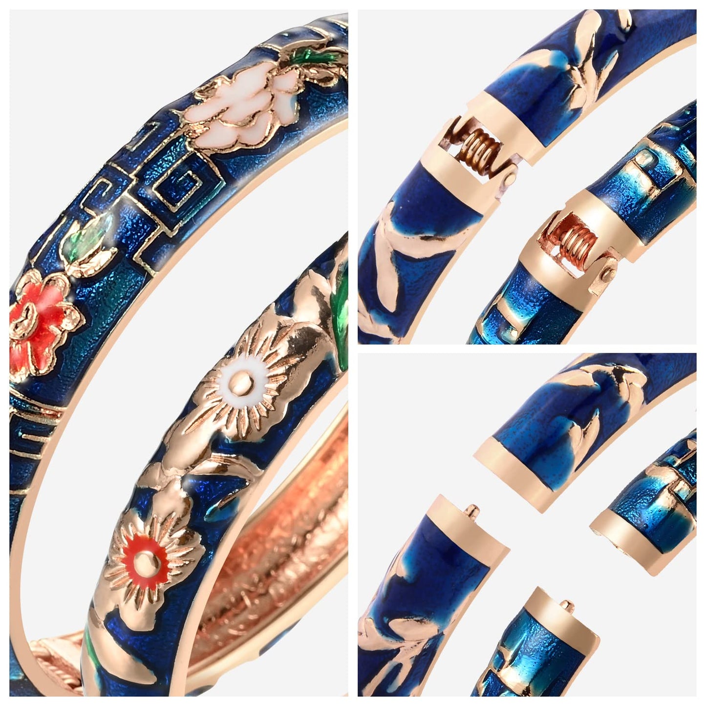UJOY Cloisonne Bracelet Hinge Indian Cuff Bangle Enameled Jewelry Flower Bracelets for Women Gift Box 55A103-55A114 Navy Blue