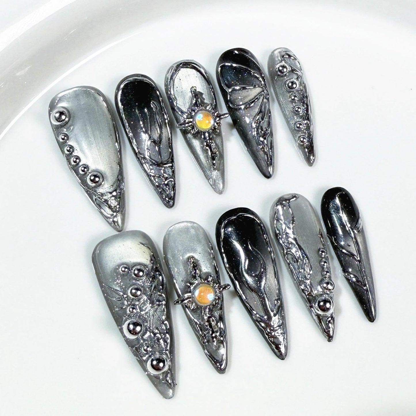 Handmade 3D Metallic Futuristic Stiletto Press On Nails, Silver Black Mechanic Artisan Nails Set, Reusable Glossy Press-ons with Tool Kit (S)