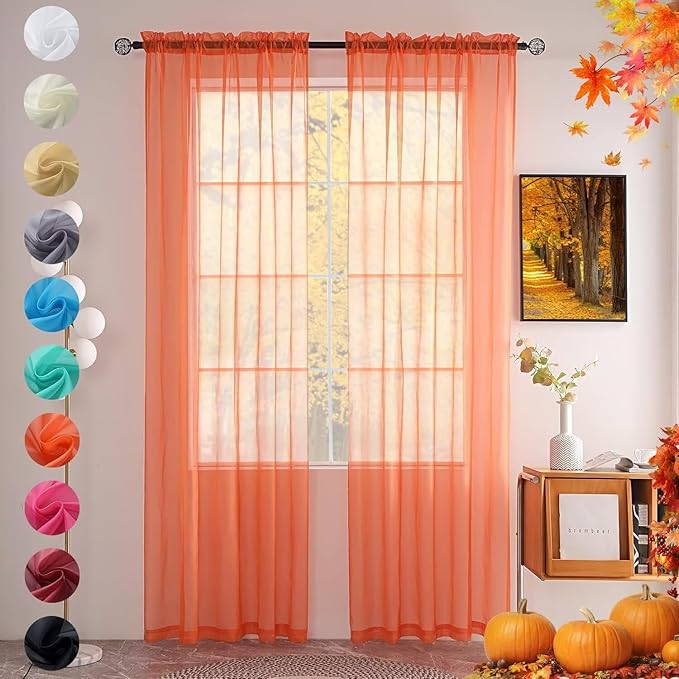 youleyar Solid Sheer Rod Pocket Curtain Voile Draperies 2 Panels White Beige Black Grey Coffee 52 Inch Width 54 Inch Long 1 Pair for Kitchen Bedroom Children Living Room Yard (Orange Red,52Wｘ54L)