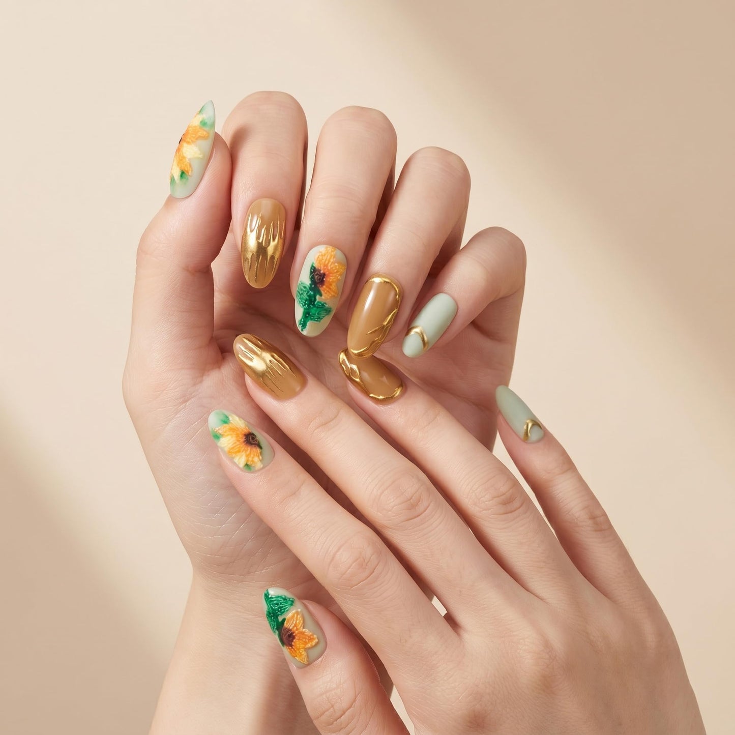 Sun&Beam Nails Handmade Press On Nails Medium Oval Mint Green Caramel Brown Gold Sunflower Floral Design Glossy 10 Pieces for Everyday Wear and Going Out (#022 L)