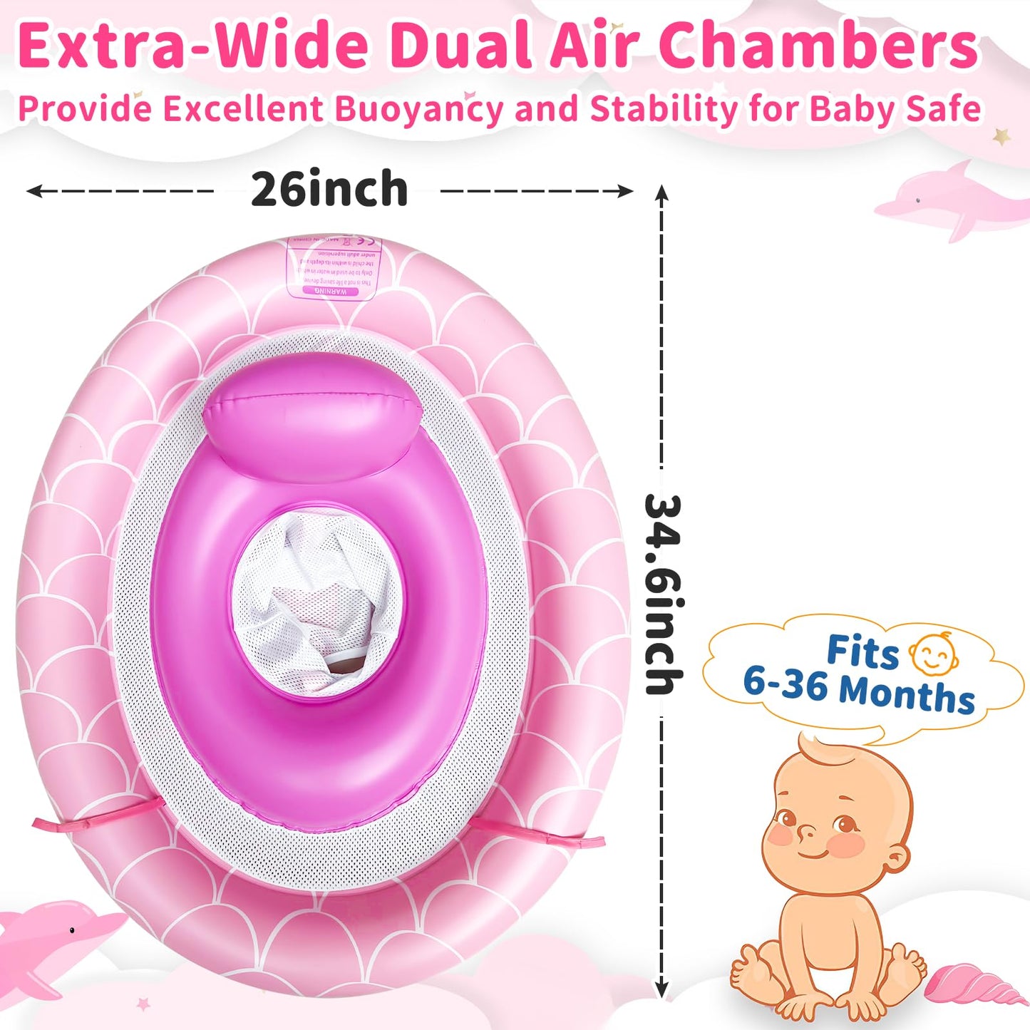 Baby Float with Canopy for Age 6-36 Months, UPF50+ Sun Protection 4 Stage Adjustable Canopy Dual Air Chambers Adjustable Safety Seat Inflatable Swim Pool Float for Baby Toddler