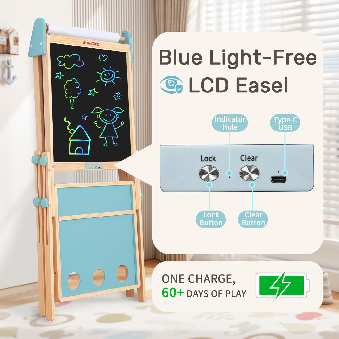 WINGYZ 24" LCD Easel for Kids, 3-in-1 Color Drawing Tablet with Blue Light-Free Screen, Whiteboard & Paper Roll, Adjustable Wooden Art Station for Ages 3-12, Mess-Free Creative Gift for Home & School