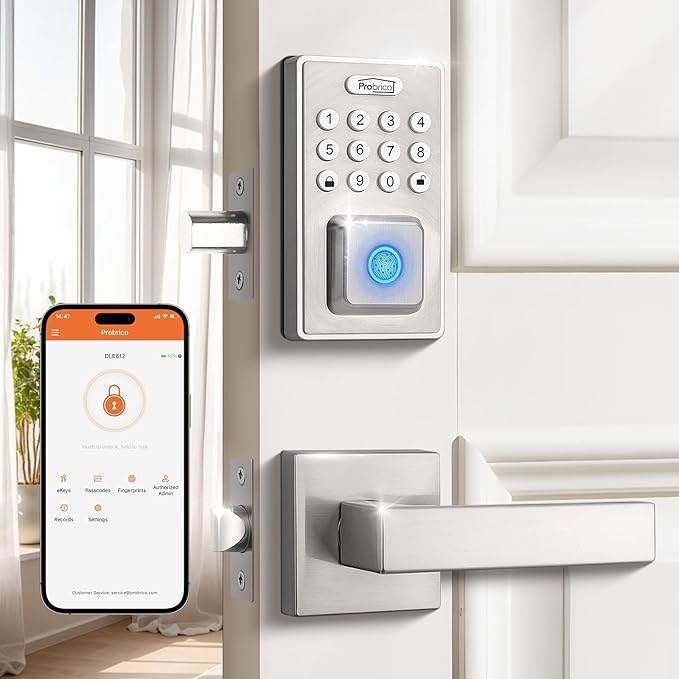 Probrico Keyless Entry Door Lock Smart Locks for Front Door, Keypad Door Lock with Handle Fingerprint Deadbolt with Handle Set, Satin Nickel Smart Deadbolt