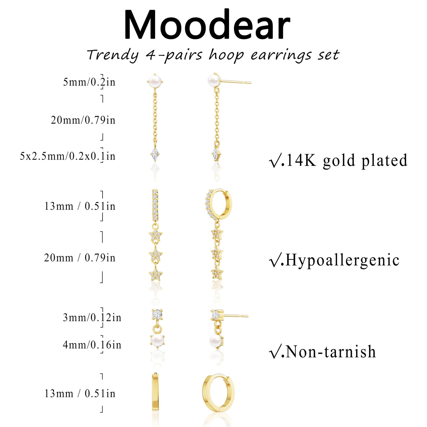 Moodear Dainty Pearl Drop Hoop Earrings for Women - Trendy Stud 14K Gold Plated Dangle Chain Baroque Pearls Hypoallergenic Earring Sets for Multiple Piercing