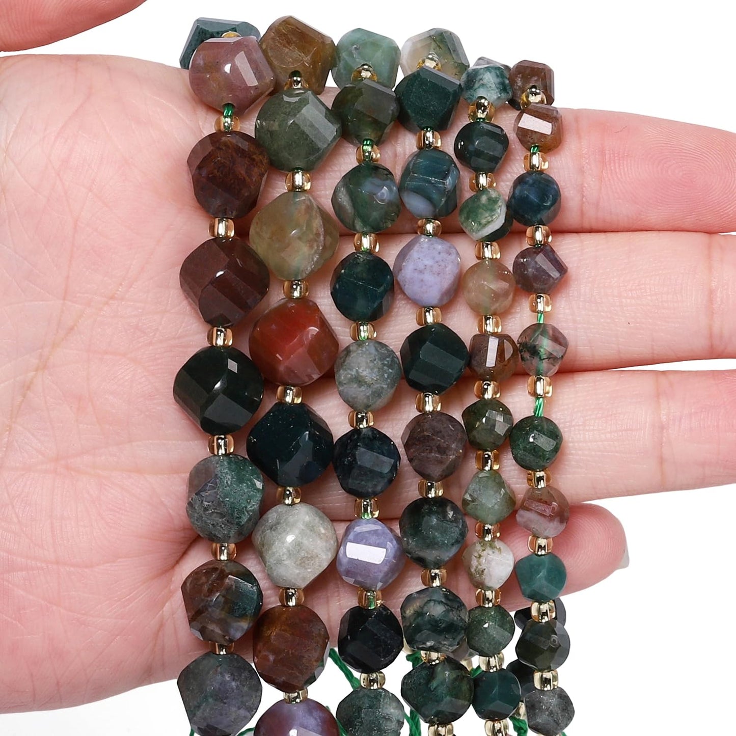 Yochus 42pcs Natural Indian Agate Stone Beads for Bracelet，2strands 6mm Facted Twist Loose Gemstone Beads for Jewelry Making DIY Craft Necklace Earring