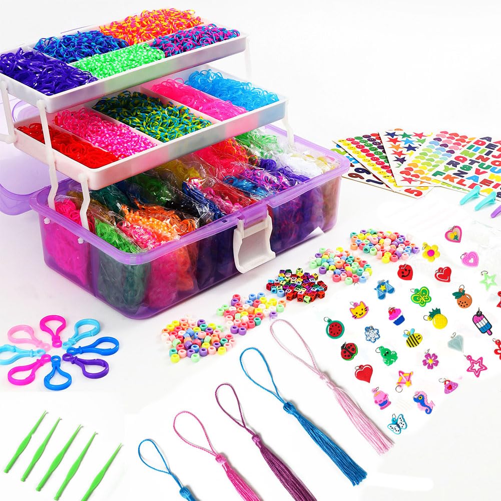 YITOHOP 15000+ Rubber Loom Bands, Mega Rubber Bands Bracelet Kit,Loom Bracelet Making Kit with 3 Layer Container,30 Colors,380 Beads,30 Charms,Clips, Hooks Tools for DIY Art Holiday Gift