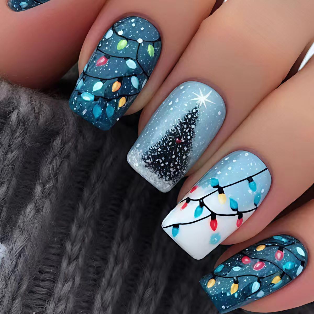 24Pcs Christmas Press on Nails Medium Length Fake Nails with Christmas Tree & Colored Lights Designs Winter Xmas False Nails for Women Full Cover Glossy Christmas Nails Press ons Manicure Kit