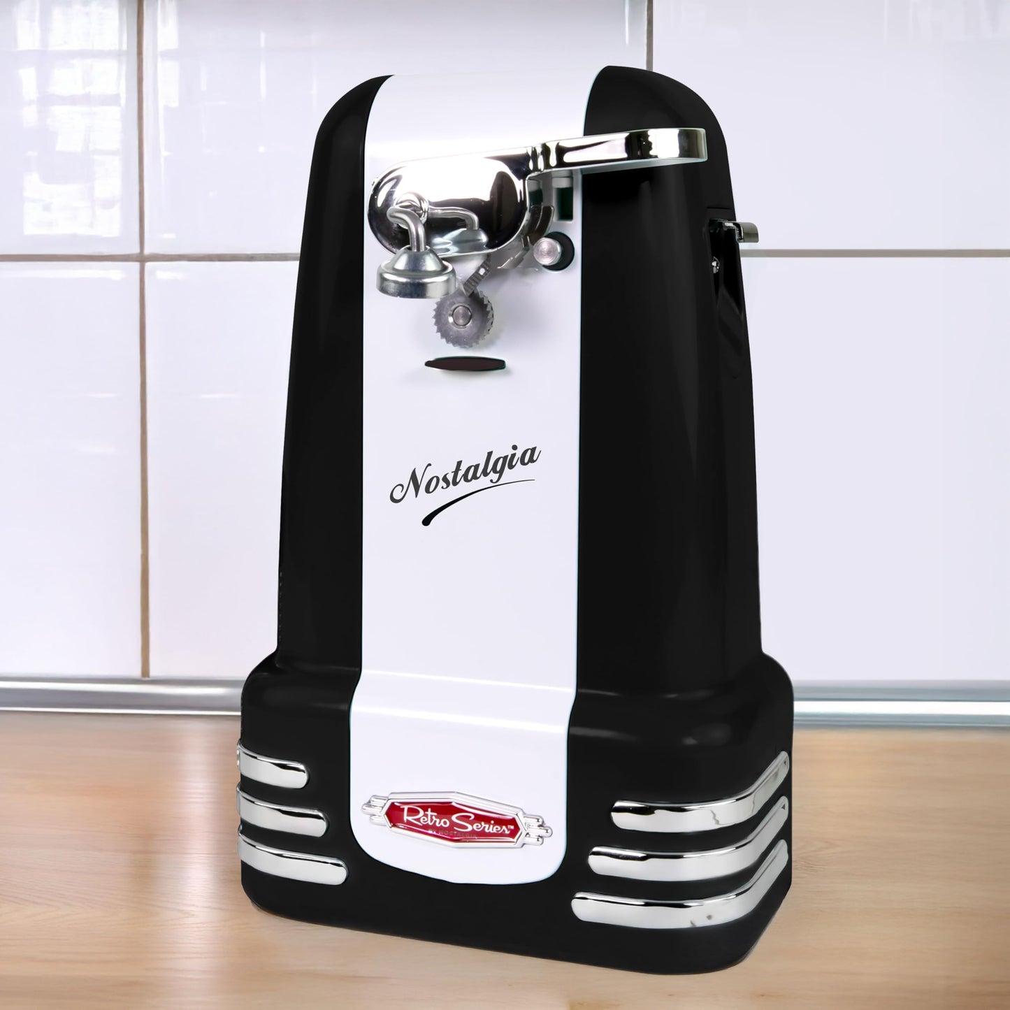 Nostalgia Retro Electric Can Opener for Kitchen with Magnetic Lid Remover, Knife Sharpener, and Soda or Beer Bottle Opener, Black