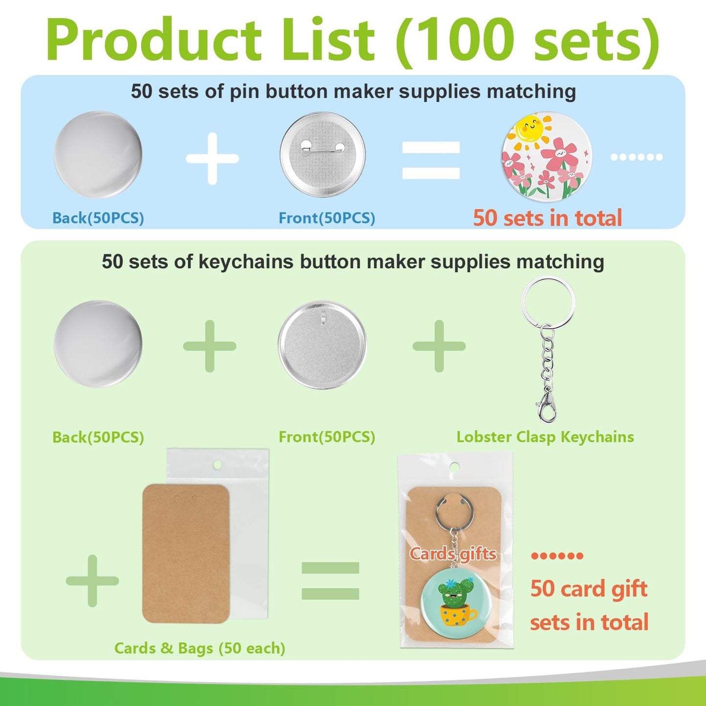 Esmorah 100 Sets (50 pin + 50 Keychain Sets) 58mm/2.25 inch Button Maker Supplies Gift, Keychain Pins Metal Round Badge Parts Making Kit for Button Maker Machine with Metal Cover