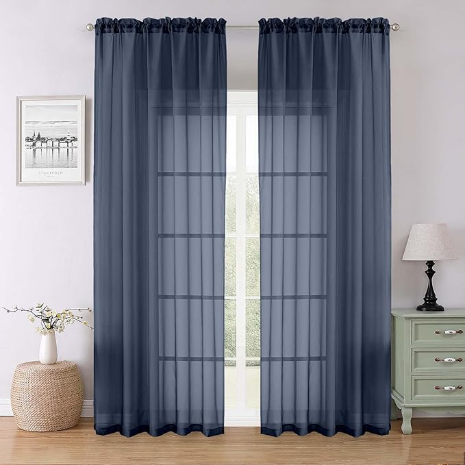 Lecloud Navy Blue Sheer Curtains 90 Inches Long 2 Pcs, Soft Airy Light Filtering Home Decor Living Room Curtains for Bedroom, Rod Pockets Window Treatments Solid Drapes, Each Panel 59" W x 90" L