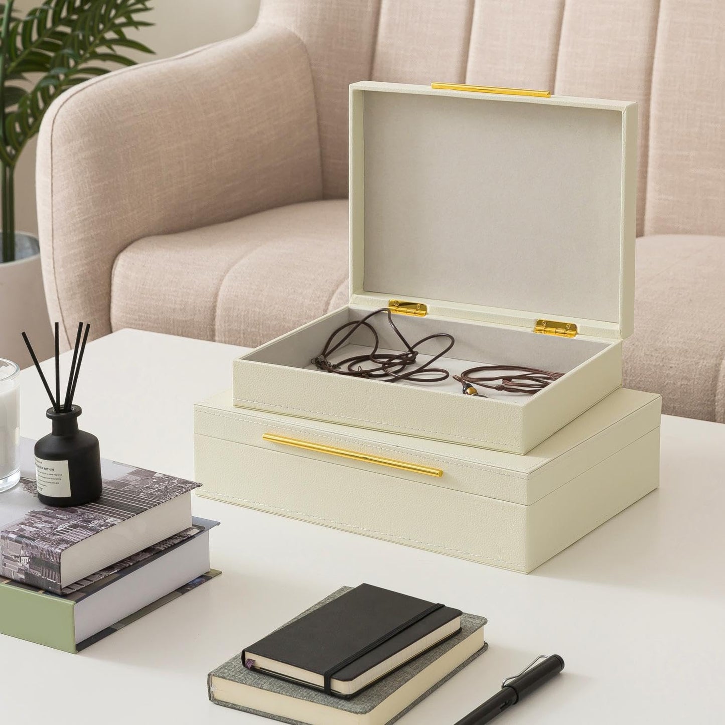 Soul & Lane Faux Leather Decorative Boxes with Lids and Gold Hardware for Home Decor, Set of 2 Stacking Hinged Boxes for Coffee Table and Living Room Shelves, Nesting Remote Control Holder, Ivory