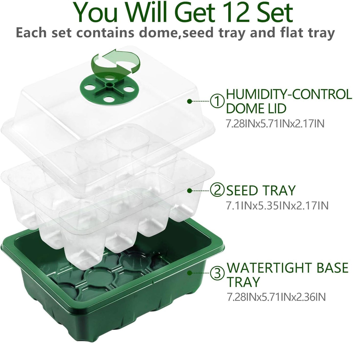 Hdeoops Seed Starter Tray, 12 Set Seedling Kits with Adjustable Humidity Dome, Plant Starter Kit for Seeds Growing Starting (12 Cells per Tray)