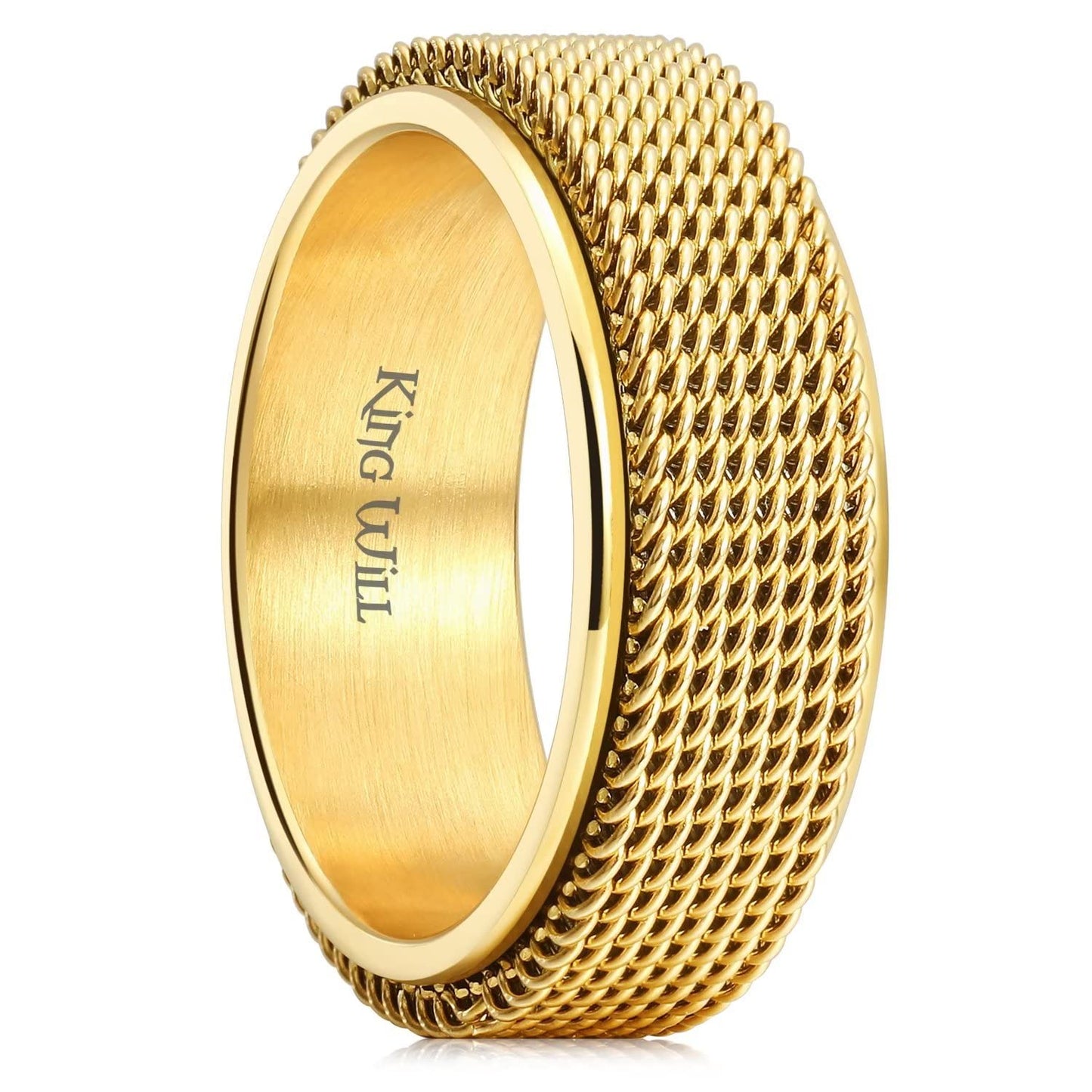 King Will Gold 8mm Stainless Steel Chain Mesh Simple Plain Spinner Anxiety Ring for Women Men Wedding Band Ring Fidget Ring Mesh Chain Woven Mesh 14