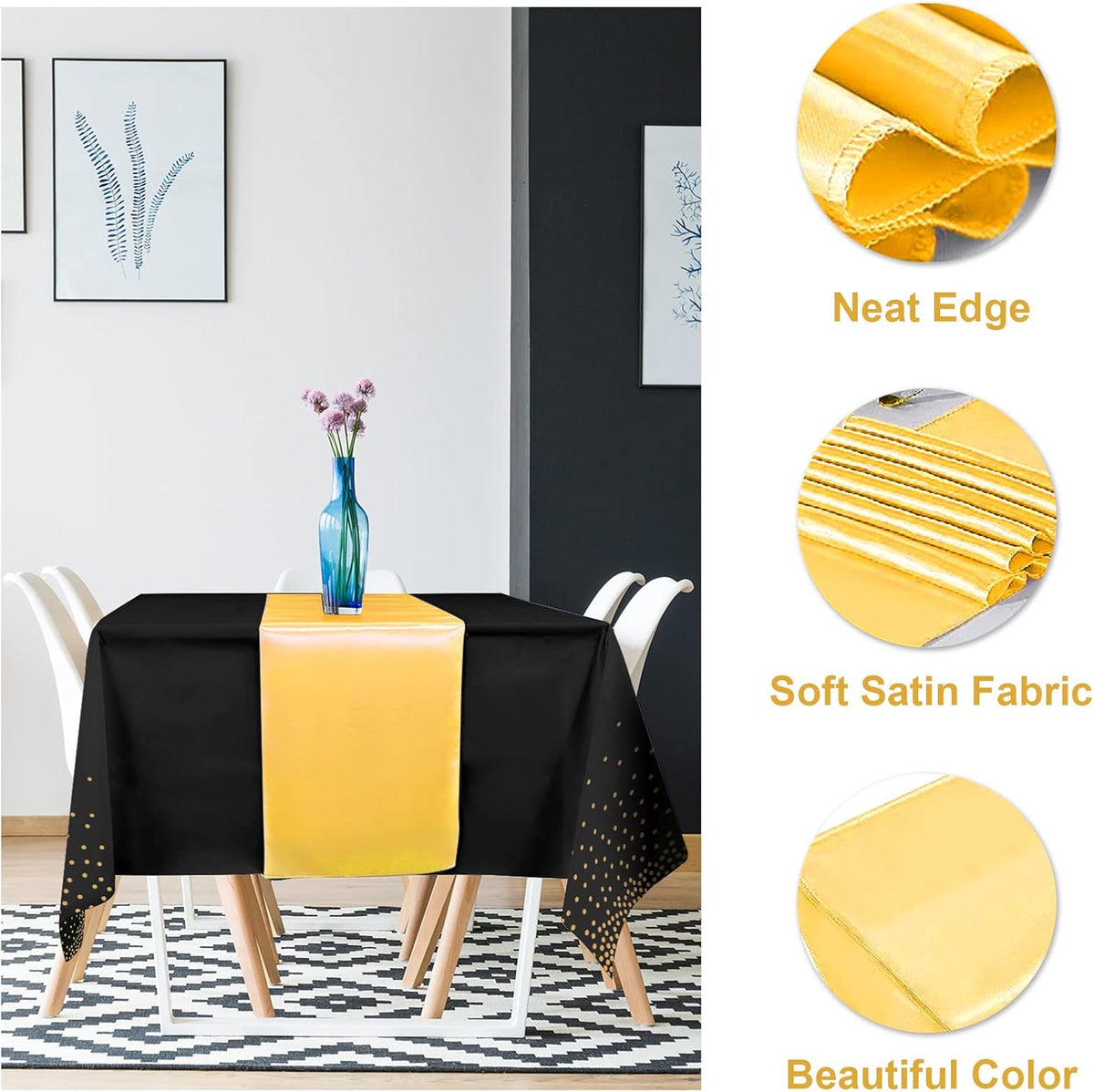 12Pack Disposable Plastic Tablecloths and Satin Table Runner Set Black and Gold Dot Tablecloth Gold Satin Table Runner for Wedding Birthday Baby Shower Anniversary Christmas New Year Party Supplies