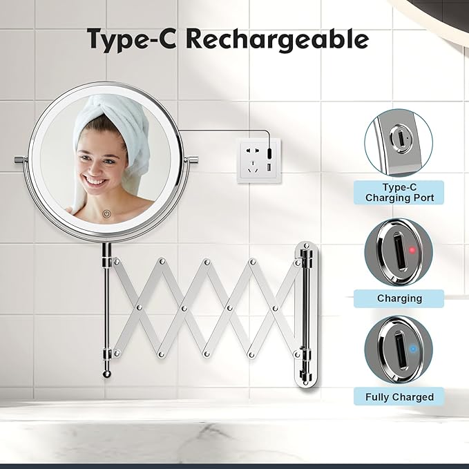 Rechargeable Wall Mounted Makeup Mirror - 8 Inch Double Sided 1X/30X Magnifying Mirror with 3 Color Lights Dimmable Touch Screen, 360°Swivel 19.6 Inch Extendable Accordion Bathroom Mirror - Chrome