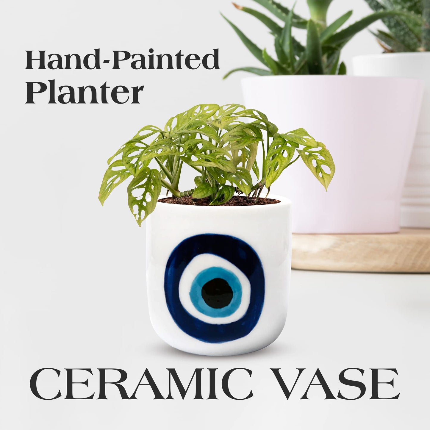 SLS SUPPLY FLORA - Modern Table Top Planter, Small Plant Pot for Home and Office, Hand-Painted Desk Planter, White Ceramic Pots for Plants and Succulents, Evil Eye Nazar Design
