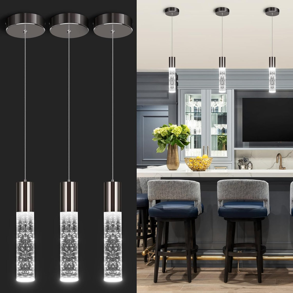 OKELI Modern Pendant Lights, LED Bubble Crystal Kitchen Island Lights Fixtures, Black Mini Single Pendant Lighting for Kitchen Island Bar,6W,6000K, ETL,3Pack